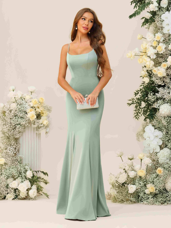 Spaghetti Straps Square Neck Satin Pleated Bridesmaid Dresses