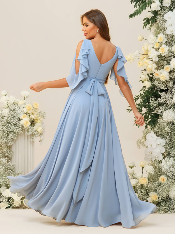 Ruffles V Neck Chiffon Pleated Corset Bridesmaid Dresses
