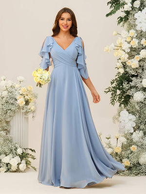 Ruffles V Neck Chiffon Pleated Corset Bridesmaid Dresses