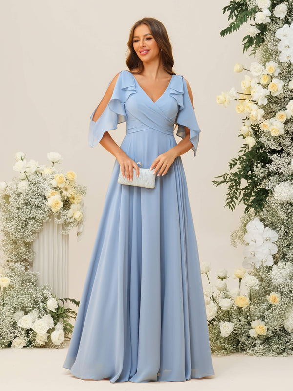 Ruffles V Neck Chiffon Pleated Corset Bridesmaid Dresses