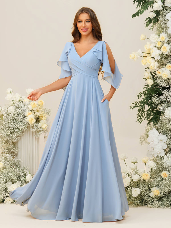 Ruffles V Neck Chiffon Pleated Corset Bridesmaid Dresses