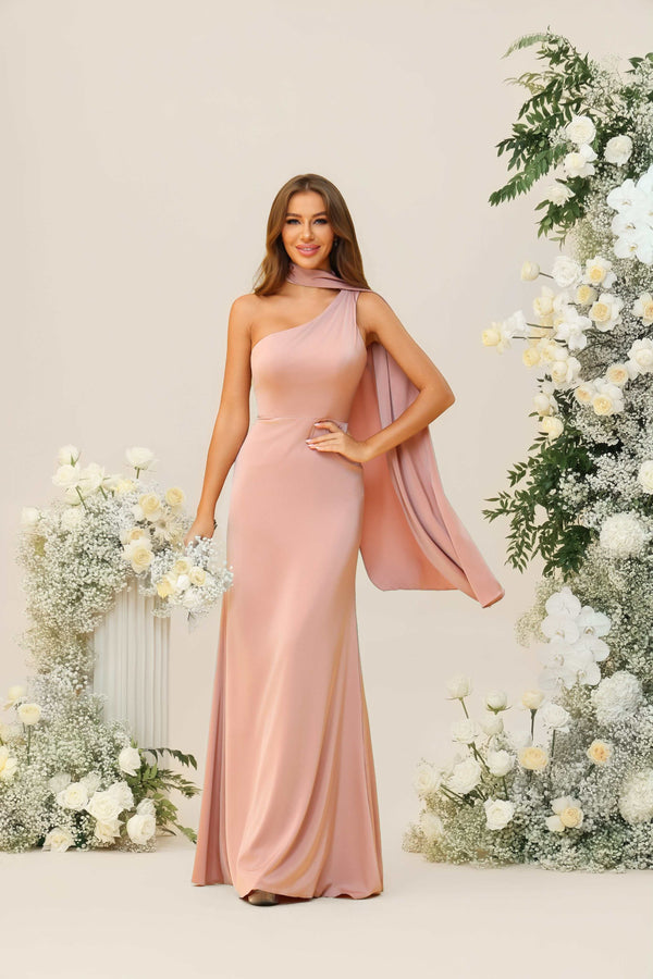 One Shoulder Satin Corset Pleated Bridesmaid Dresses with Scarf