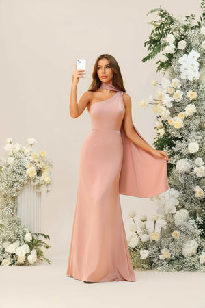 One Shoulder Satin Corset Pleated Bridesmaid Dresses with Scarf