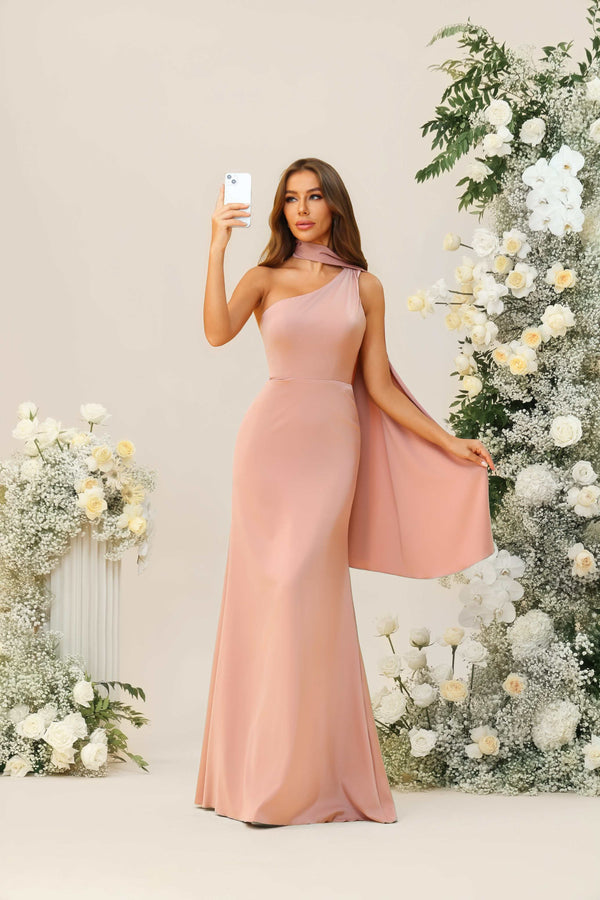 One Shoulder Satin Corset Pleated Bridesmaid Dresses with Scarf