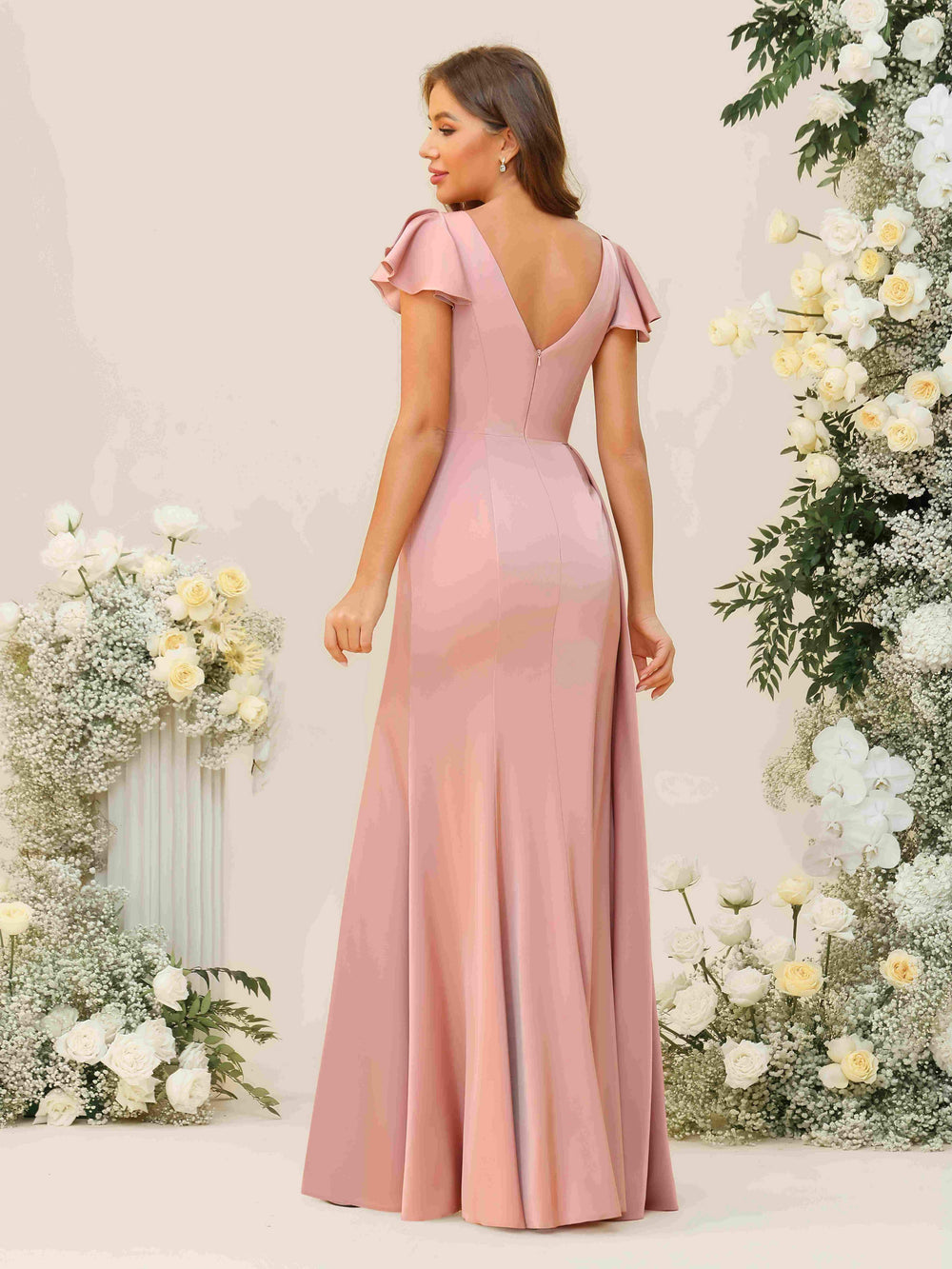 V Neck Satin Corset Pleated Bridesmaid Dresses with Slit