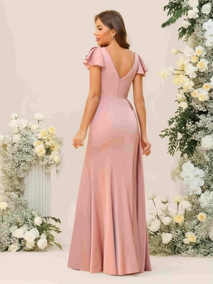 V Neck Satin Corset Pleated Bridesmaid Dresses with Slit