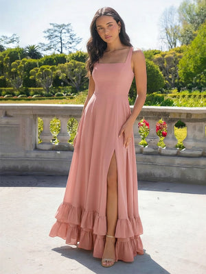 Layered Ruffles Square Neck Satin Pleated Bridesmaid Dresses with Slit