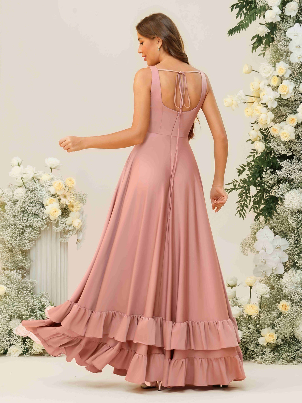 Layered Ruffles Square Neck Satin Pleated Bridesmaid Dresses with Slit