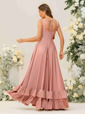 Layered Ruffles Square Neck Satin Pleated Bridesmaid Dresses with Slit