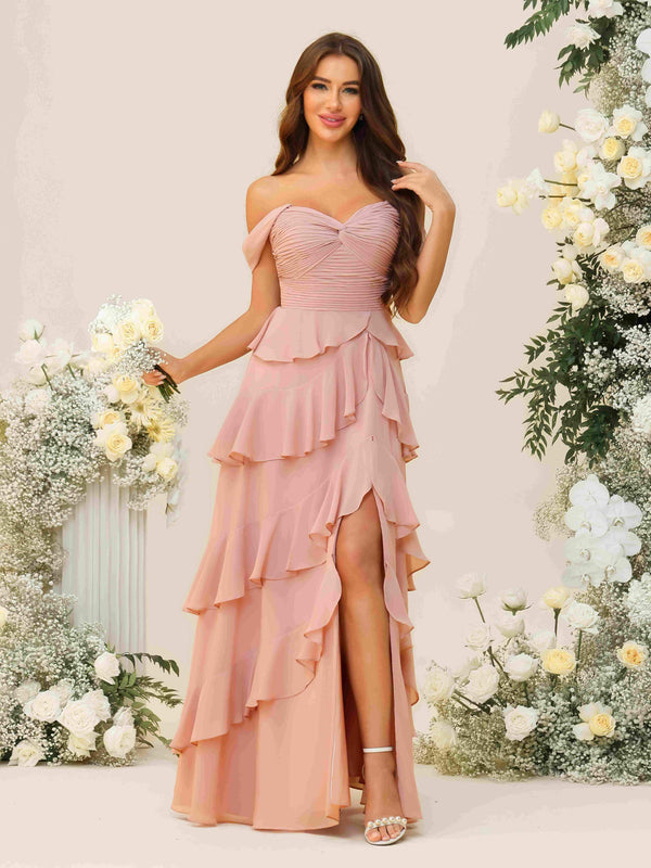 Chiffon Layered Ruffles Sweetheart Pleated Bridesmaid Dresses