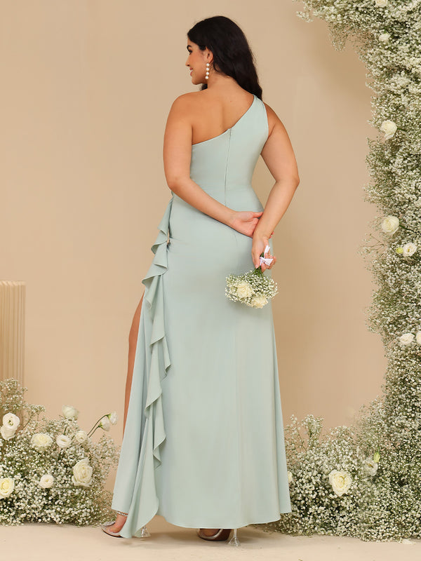 One Shoulder Chiffon Ruffles Bridesmaid Dresses with Slit