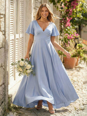 Chiffon V Neck Pleated Corset Bridesmaid Dresses