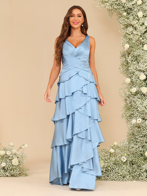 Chiffon Layered Ruffles V Neck Pleated Corset Bridesmaid Dresses