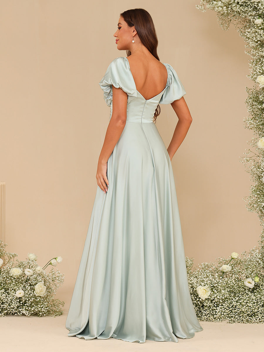 Chiffon V Neck Puff Sleeve Pleated Corset Bridesmaid Dresses