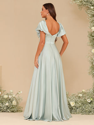 Chiffon V Neck Puff Sleeve Pleated Corset Bridesmaid Dresses