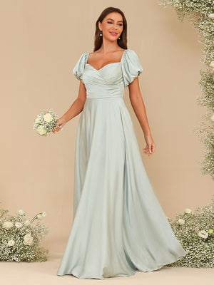 Chiffon V Neck Puff Sleeve Pleated Corset Bridesmaid Dresses