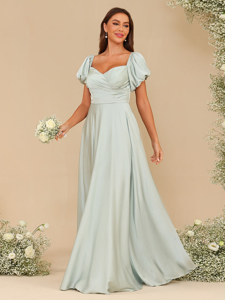 Chiffon V Neck Puff Sleeve Pleated Corset Bridesmaid Dresses