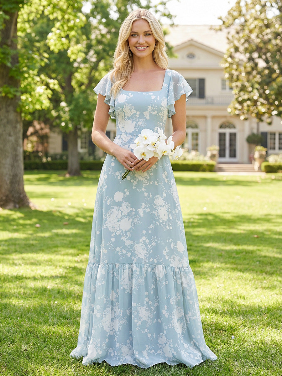 Chiffon Square Neck Floral Corset Ruffles Pleats Bridesmaid Dresses