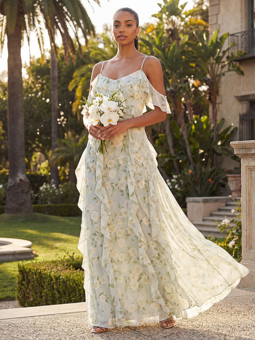 Chiffon Off the Shoulder Floral Spaghetti Straps Ruffles Bridesmaid Dresses