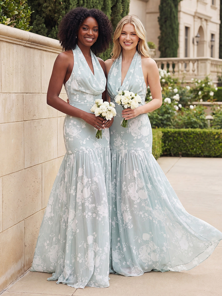 Chiffon Halter Cowl Neck Floral Corset Pleated Bridesmaid Dresses