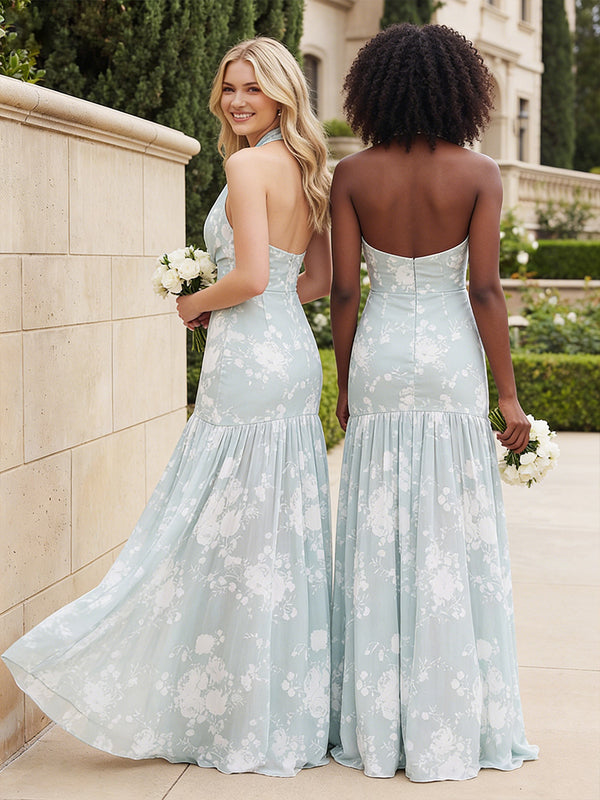 Chiffon Halter Cowl Neck Floral Corset Pleated Bridesmaid Dresses