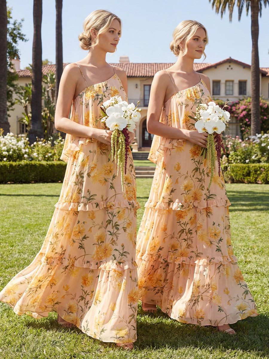 Chiffon Spaghetti Straps Layered Floral Corset Pleated Bridesmaid Dresses