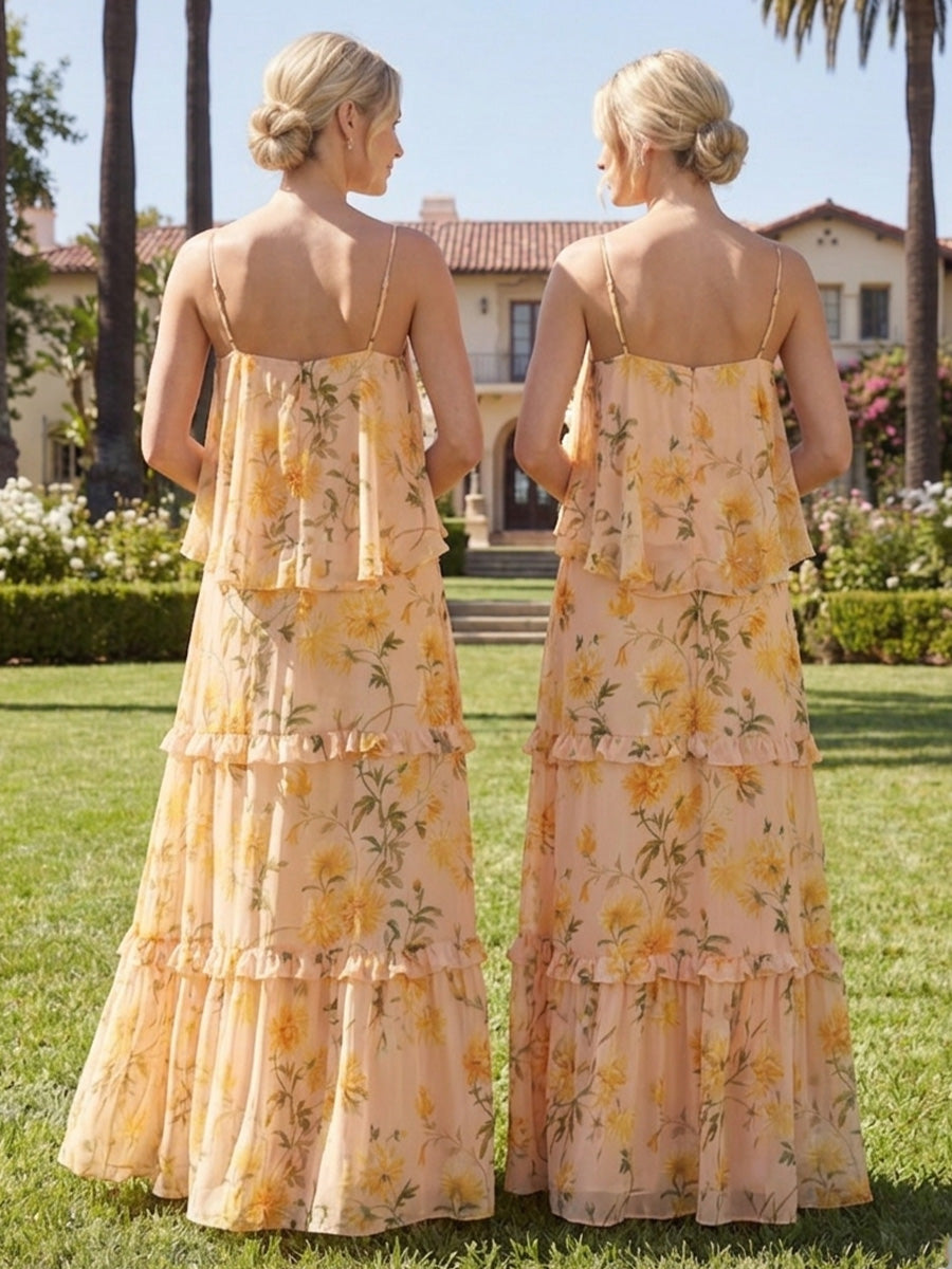 Chiffon Spaghetti Straps Layered Floral Corset Pleated Bridesmaid Dresses