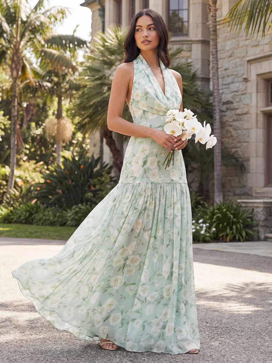 Cowl Neck  Chiffon Halter Floral Corset Pleated Bridesmaid Dresses