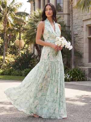 Cowl Neck  Chiffon Halter Floral Corset Pleated Bridesmaid Dresses
