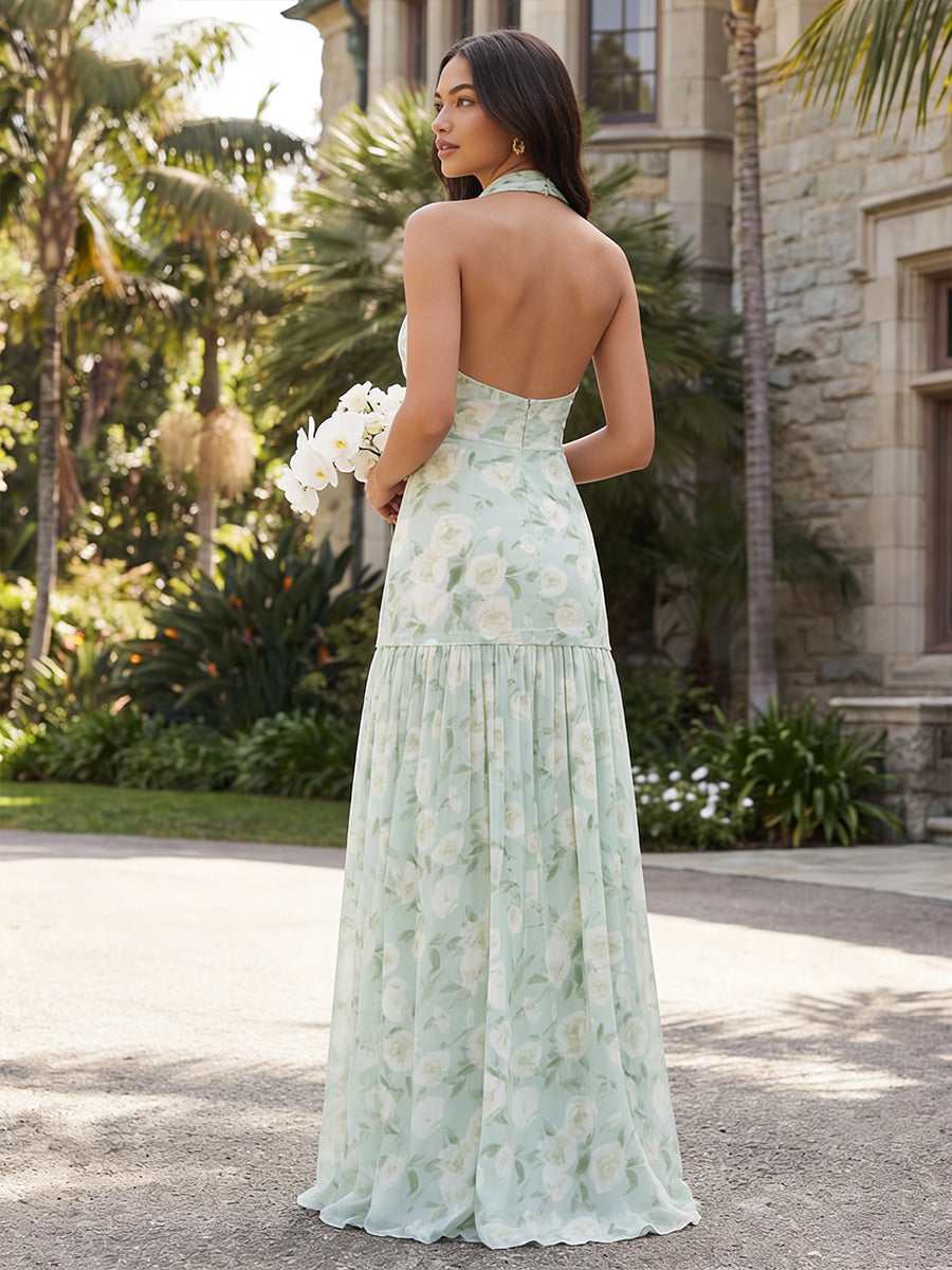 Cowl Neck  Chiffon Halter Floral Corset Pleated Bridesmaid Dresses