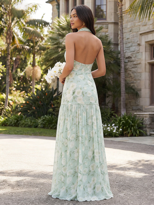 Cowl Neck  Chiffon Halter Floral Corset Pleated Bridesmaid Dresses