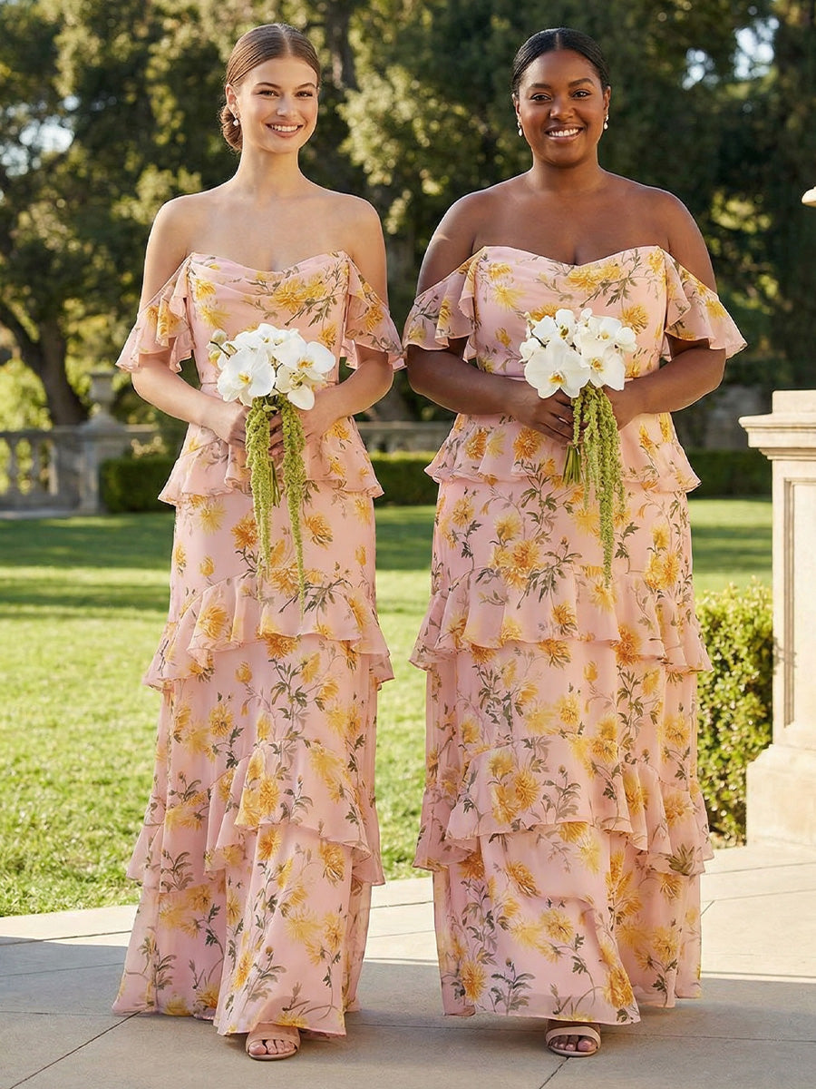 Chiffon Off the Shoulder Layered Floral Corset Pleated Bridesmaid Dresses
