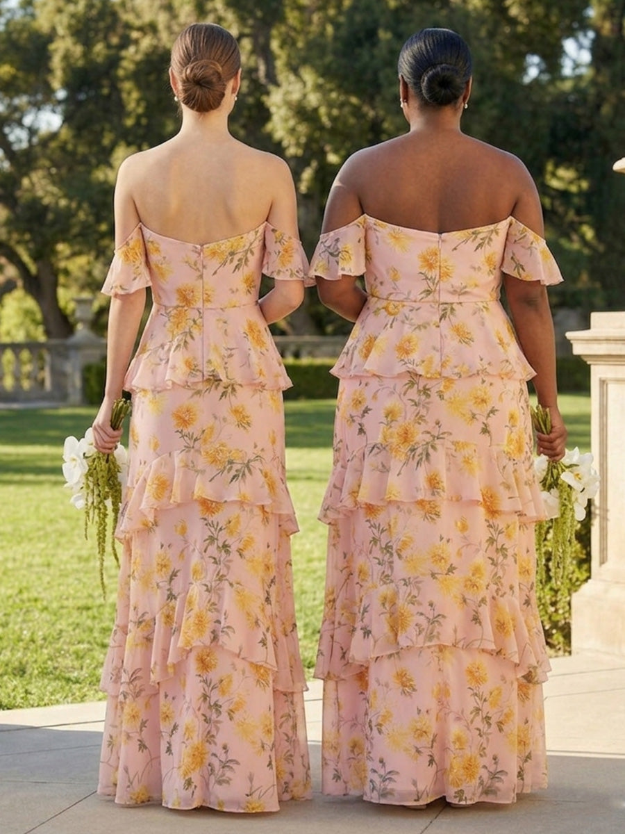 Chiffon Off the Shoulder Layered Floral Corset Pleated Bridesmaid Dresses