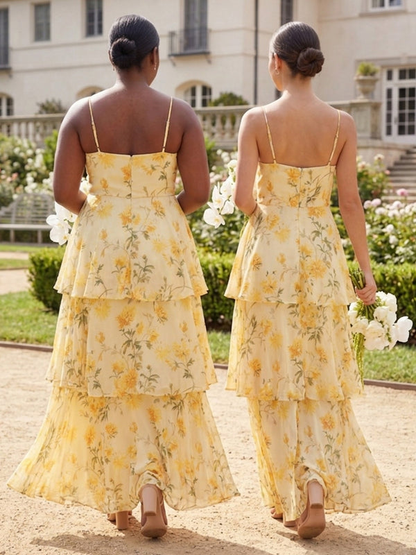 Spaghetti Straps Layered Floral Corset Pleated Chiffon Bridesmaid Dresses