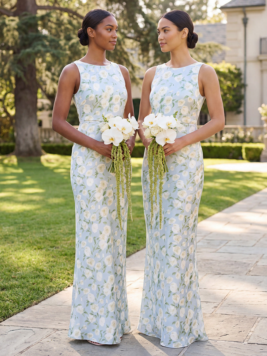 Satin Scoop Neck Floral Corset Bridesmaid Dresses