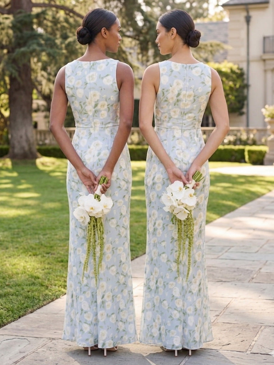 Satin Scoop Neck Floral Corset Bridesmaid Dresses