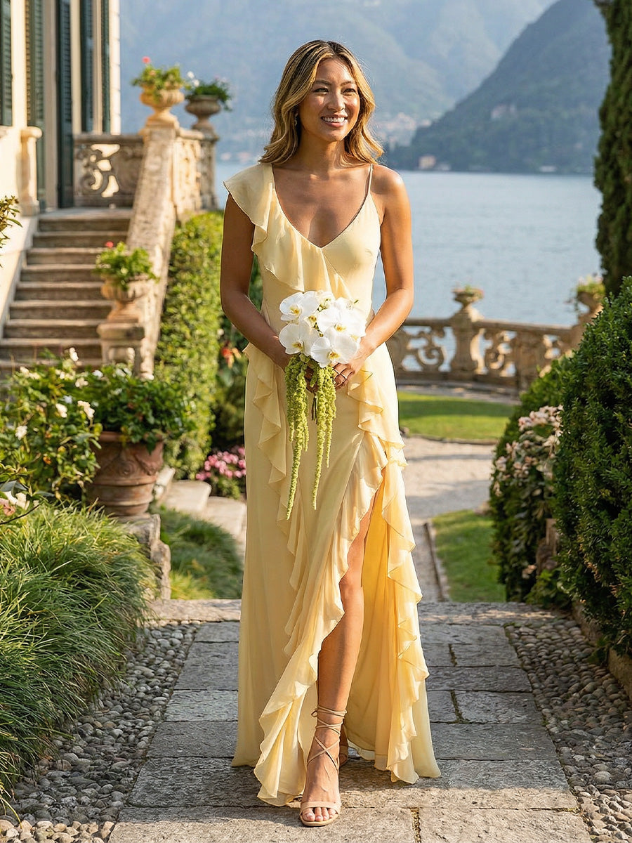 Chiffon Spaghetti Straps Layered Ruffles Pleated Bridesmaid Dresses with Slit