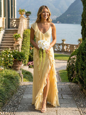 Chiffon Spaghetti Straps Layered Ruffles Pleated Bridesmaid Dresses with Slit