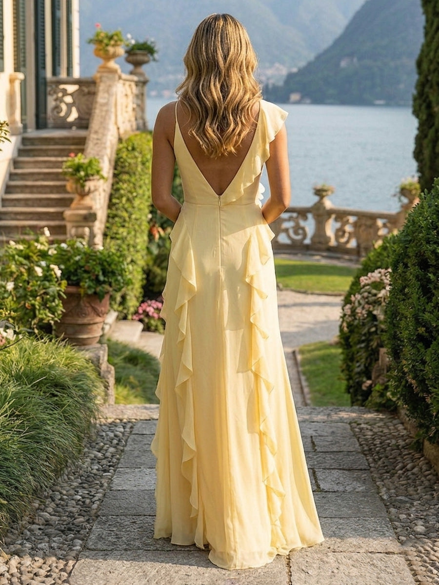 Chiffon Spaghetti Straps Layered Ruffles Pleated Bridesmaid Dresses with Slit