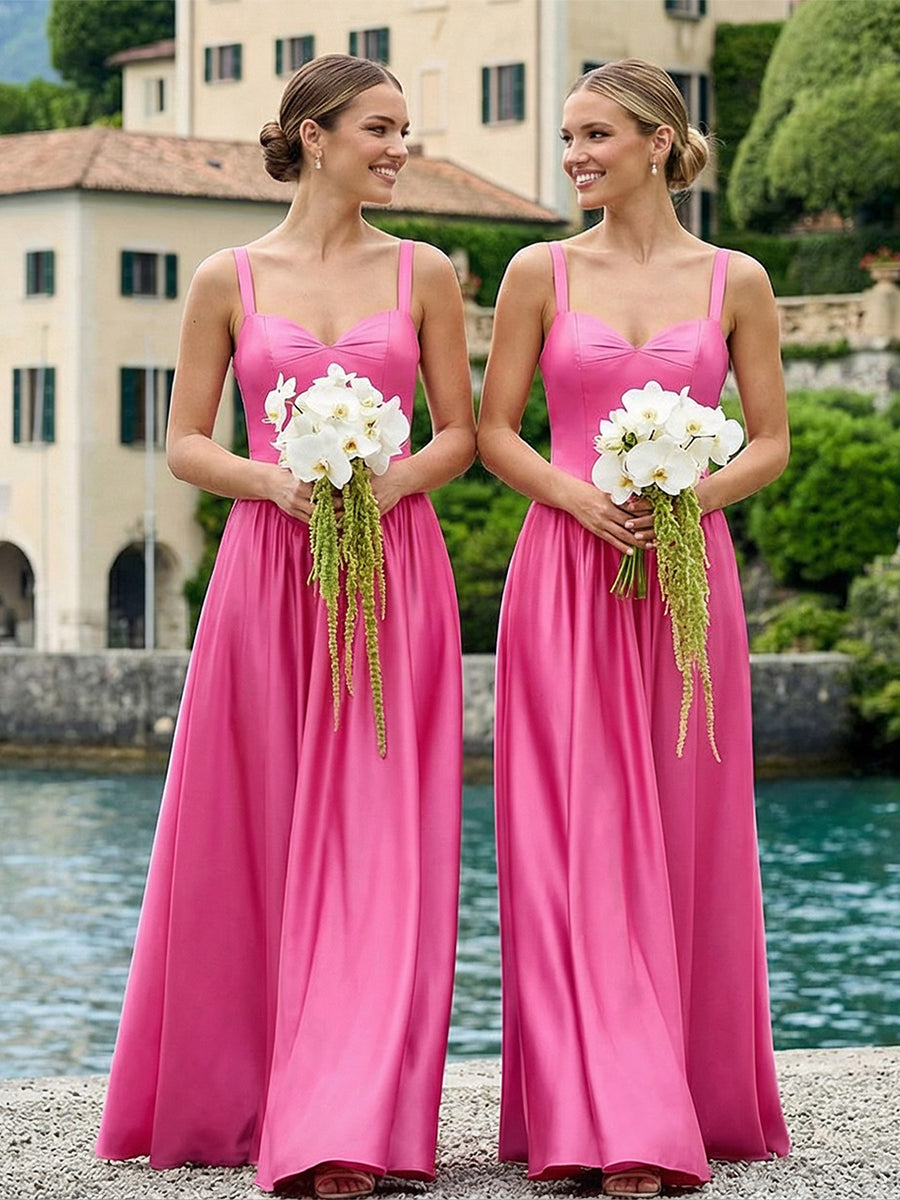 Satin Sweetheart Spaghetti Straps Pleated Bridesmaid Dresses