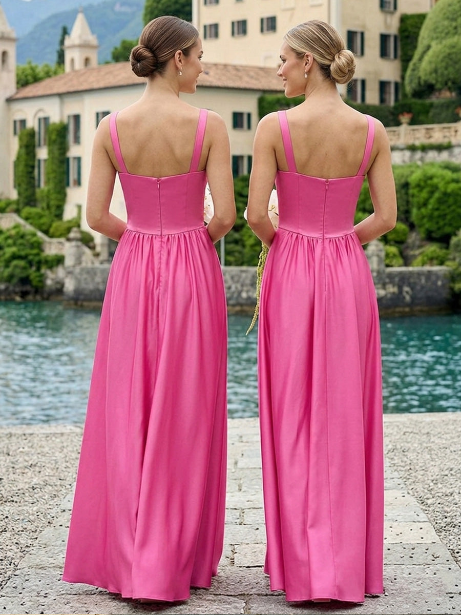 Satin Sweetheart Spaghetti Straps Pleated Bridesmaid Dresses