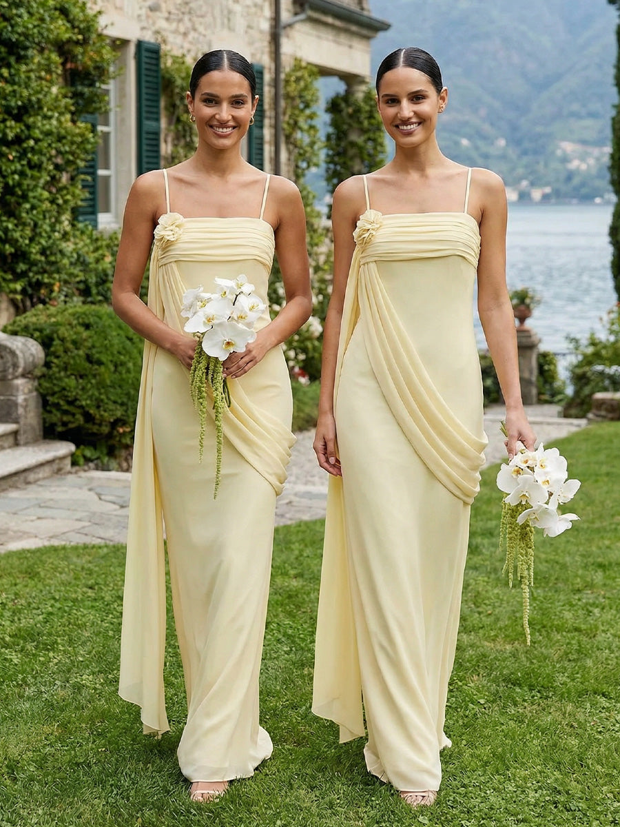 Chiffon Square Neck Ruched Spaghetti Straps Pleated Bridesmaid Dresses