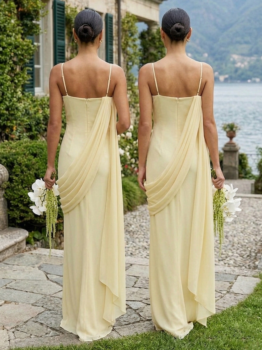 Chiffon Square Neck Ruched Spaghetti Straps Pleated Bridesmaid Dresses