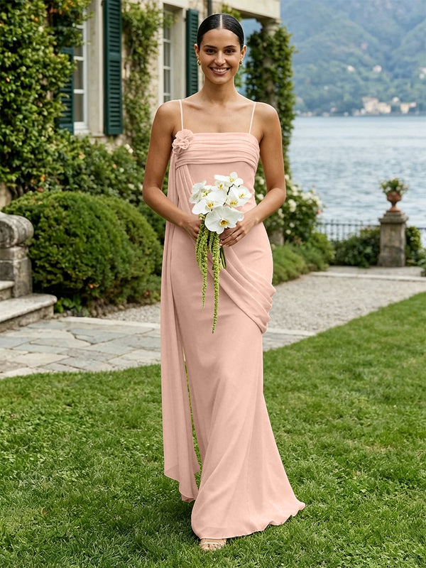 Chiffon Square Neck Ruched Spaghetti Straps Pleated Bridesmaid Dresses
