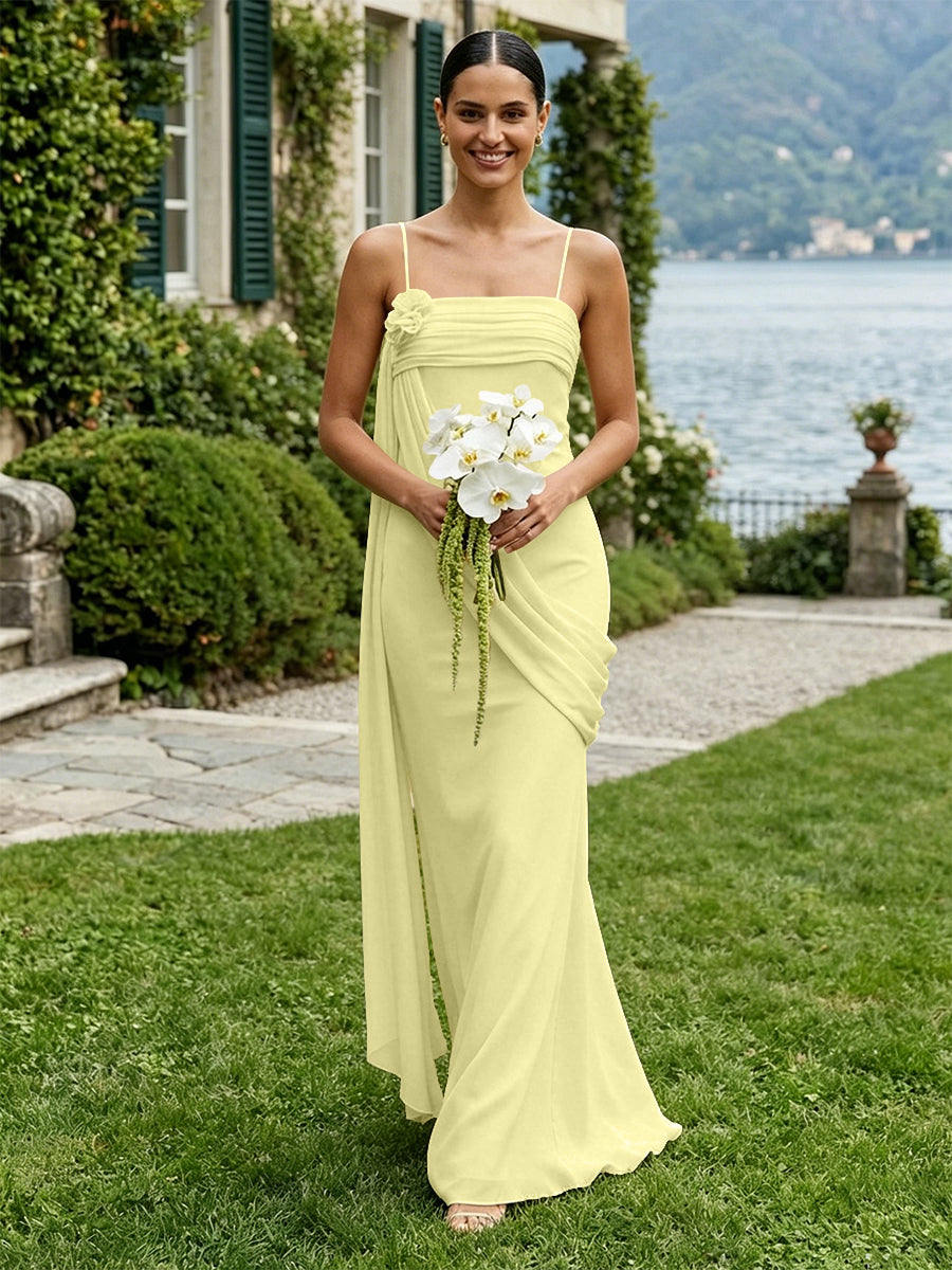 Chiffon Square Neck Ruched Spaghetti Straps Pleated Bridesmaid Dresses