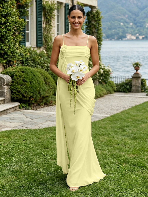 Chiffon Square Neck Ruched Spaghetti Straps Pleated Bridesmaid Dresses