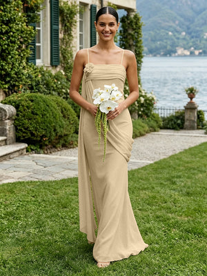Chiffon Square Neck Ruched Spaghetti Straps Pleated Bridesmaid Dresses