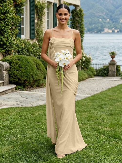 Chiffon Square Neck Ruched Spaghetti Straps Pleated Bridesmaid Dresses