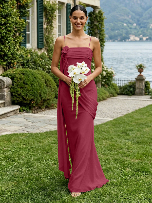 Chiffon Square Neck Ruched Spaghetti Straps Pleated Bridesmaid Dresses