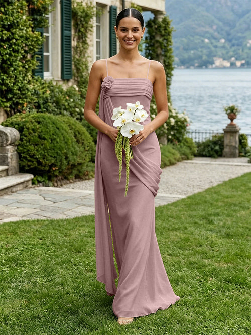 Chiffon Square Neck Ruched Spaghetti Straps Pleated Bridesmaid Dresses